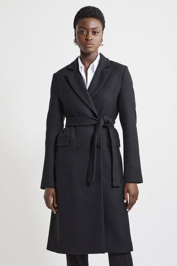 Black Italian Manteco Wool Blend Tailored Belted Midi Coat