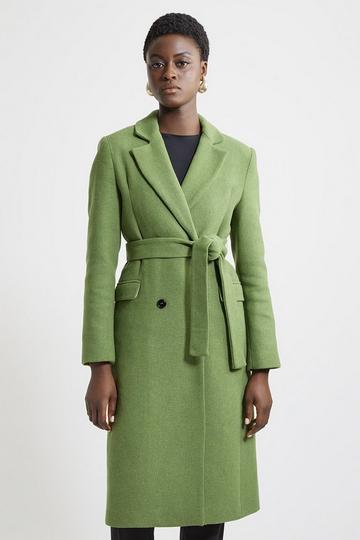 Green Italian Manteco Wool Blend Tailored Belted Midi Coat