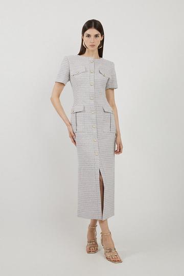 Boucle Pocket Detail Button Through Tailored Midi Dress multi