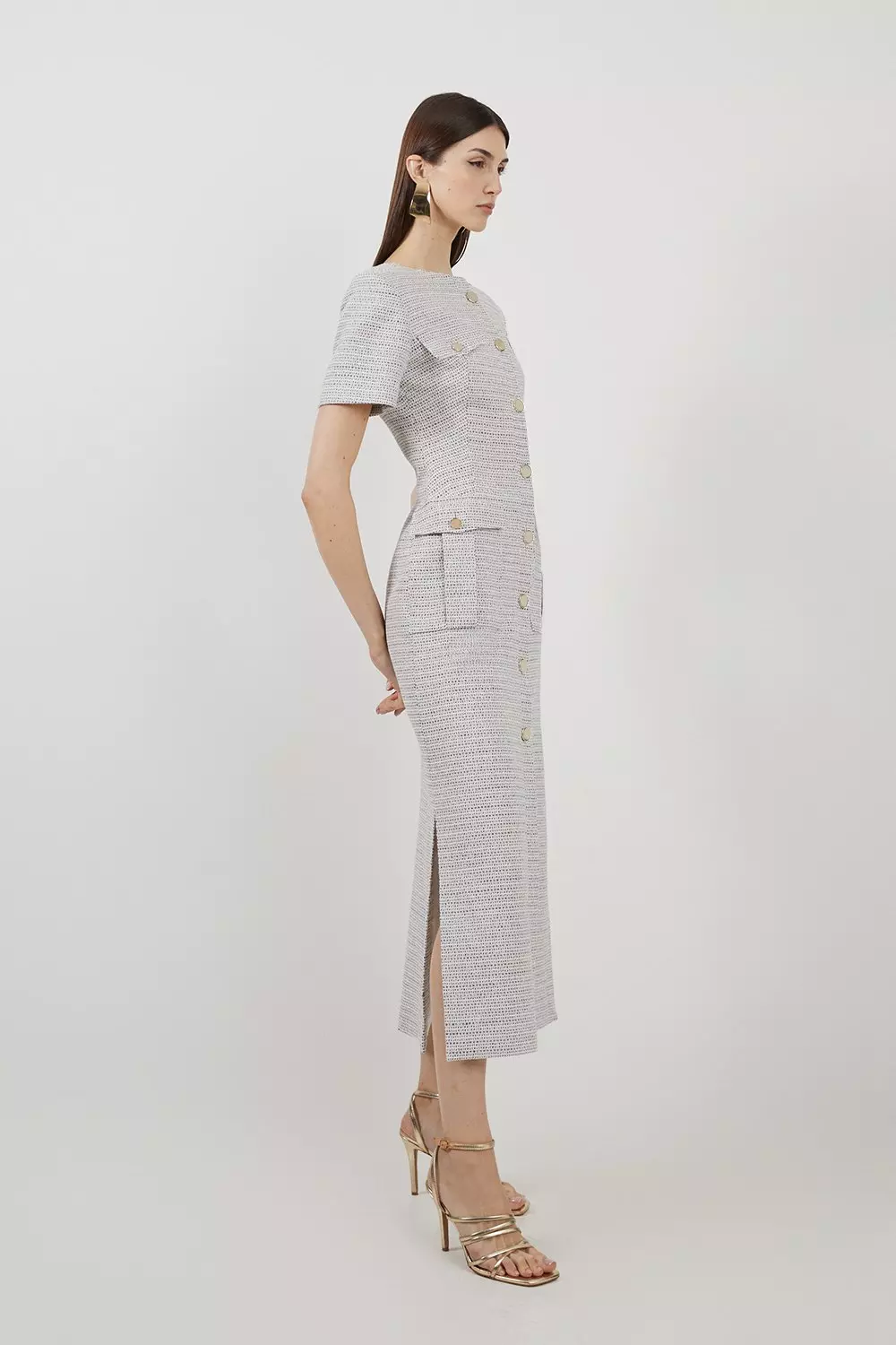 Boucle Pocket Detail Button Through Tailored Midi Dress Karen Millen