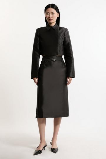 Black The Founder Satin Twill Belted Tailored Midi Skirt