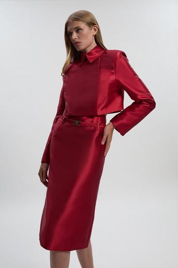 Satin Twill Belted Tailored Midi Skirt burgundy