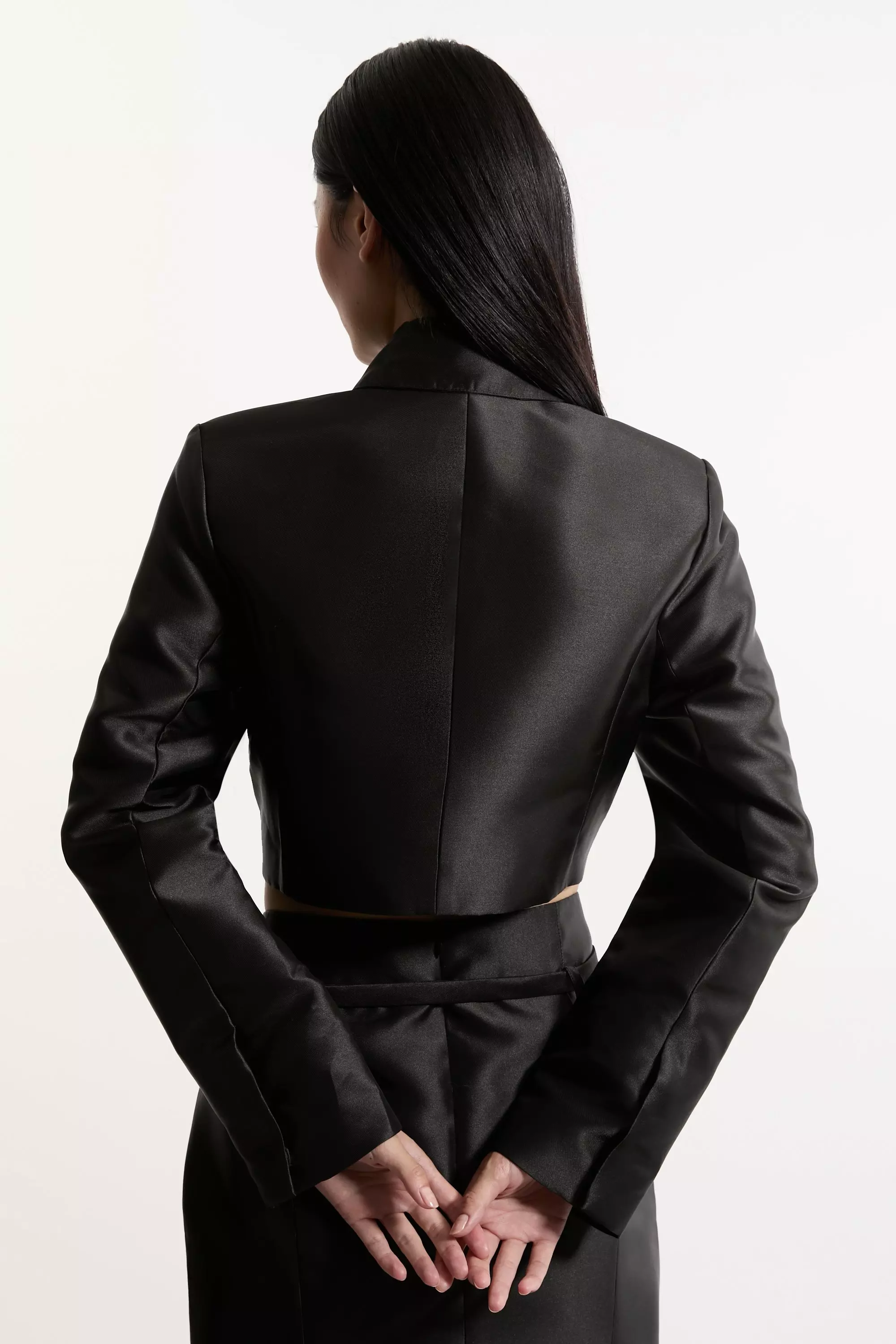 Satin Twill Cropped Wrap Tailored Jacket | Karen Millen