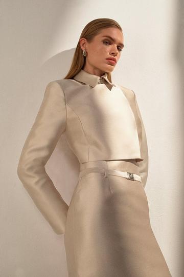 The Founder Satin Twill Cropped Wrap Tailored Jacket champagne