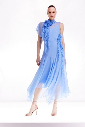 Ooto Crinkle Viscose Rosette Detail Woven One Sleeve Asymmetric Maxi Dress pale blue