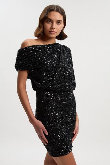 Black Draped One Shoulder Jersey Stretch Sequin Mini Dress