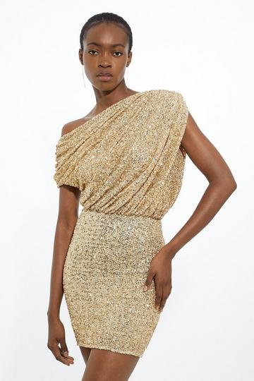 Draped One Shoulder Jersey Stretch Sequin Mini Dress gold