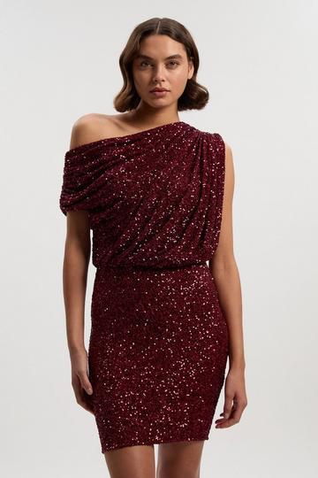Draped One Shoulder Jersey Stretch Sequin Mini Dress plum