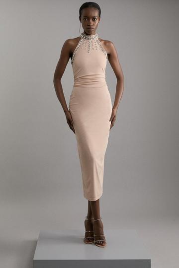 Crystal Embellished Power Mesh Jersey Midi Dress nude