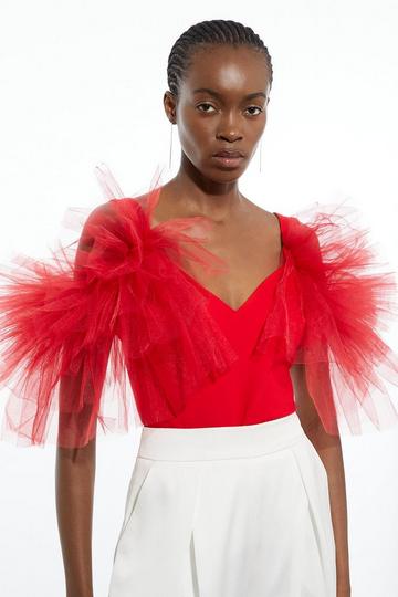 Red Drama Ponte And Tulle Strappy Jersey Bodysuit