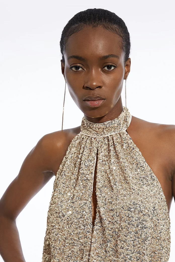 Tall Halter Jersey Stretch Sequin Wide Leg Jumpsuit | Karen Tall Halter Jersey Stretch Sequin Wide Leg Jumpsuit | Karen