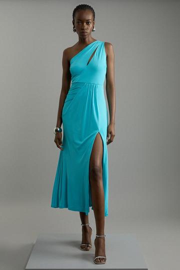 Petite Premium Viscose Jersey Bandeau Split Maxi Dress aqua