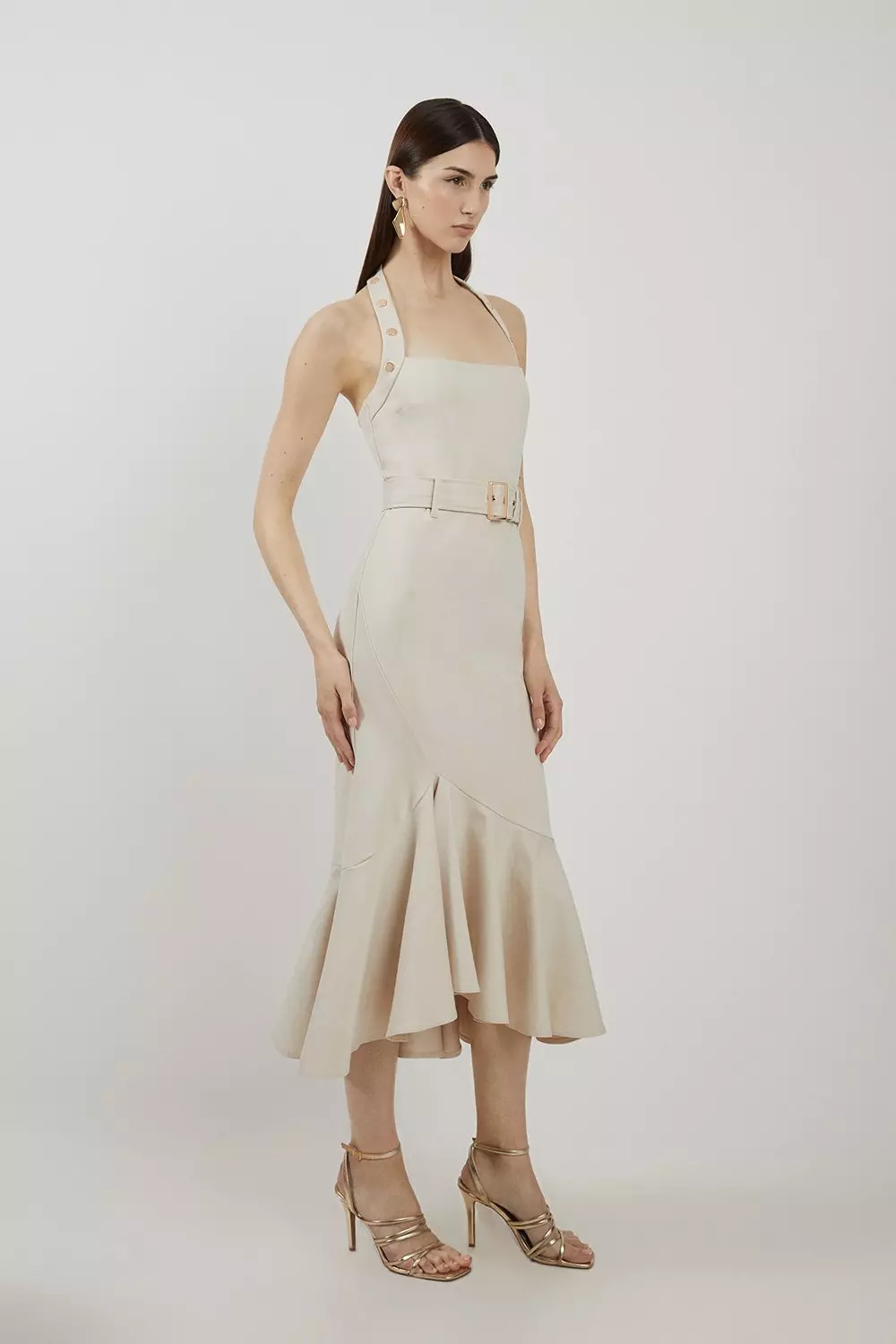 Cream Ponte Jersey Strappy Waterfall Hem Midi Dress  alternative image