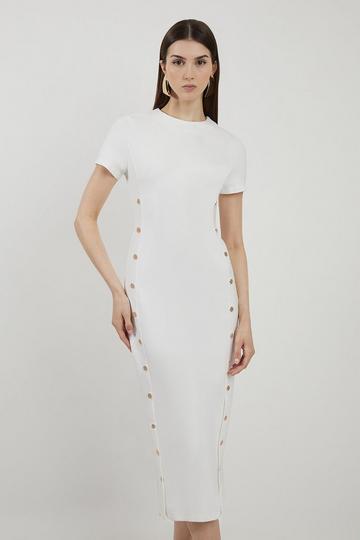 Ivory White Ponte Jersey Hardwear Detail Midi Dress