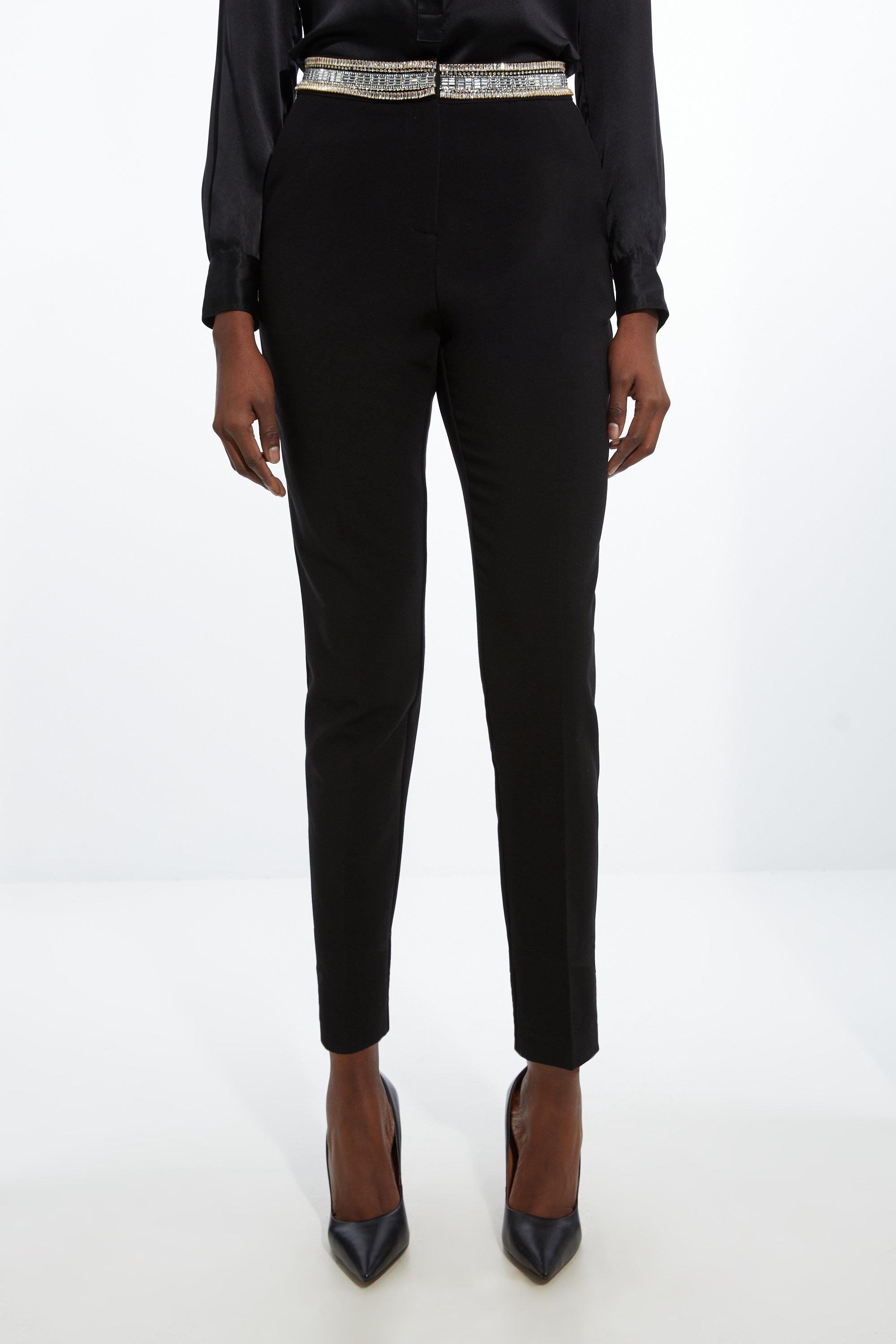 Black Embellished Waistband Slim Leg Tailored Pants