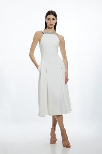 Petite Embellished Straps Full Skirted Tailored Midaxi Dress ivory