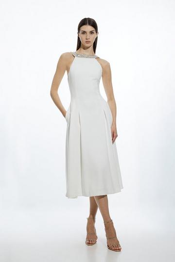 Embellished Straps Full Skirted Tailored Midaxi Dress ivory