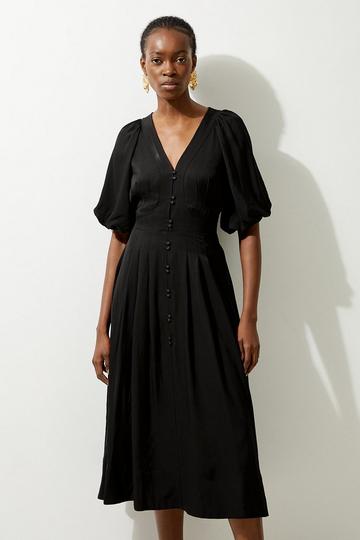 Black Viscose Linen Puff Sleeve Bow Detail Midaxi Dress