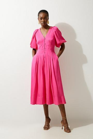 Pink Viscose Linen Puff Sleeve Bow Detail Midaxi Dress