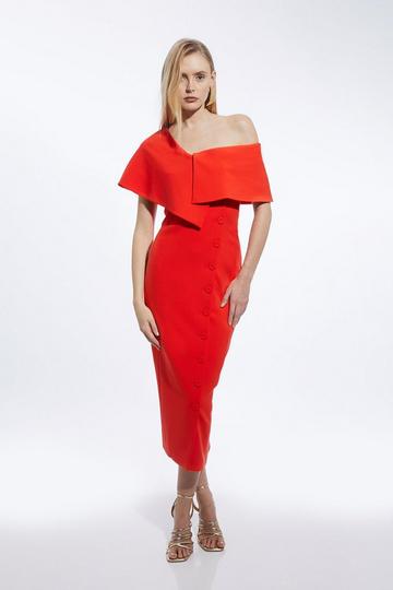 Red Tall Compact Stretch Off Shoulder Button Through Tailored Midaxi Pencil Dress