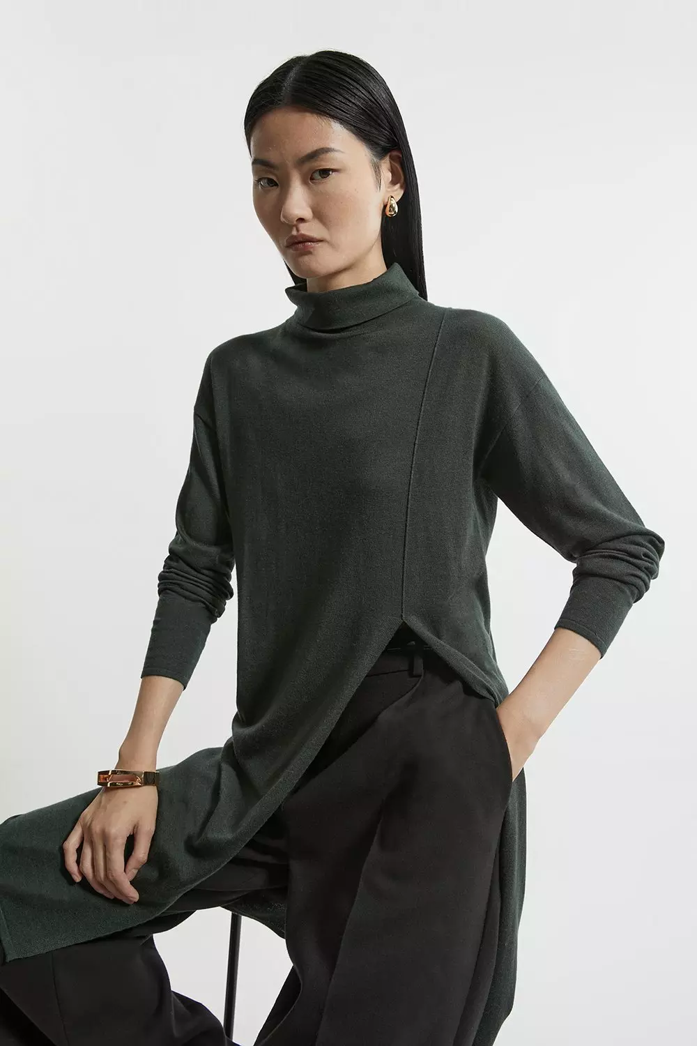 Olive Petite Cashmere Blend Deep Slip Longline Knit Top alternative image