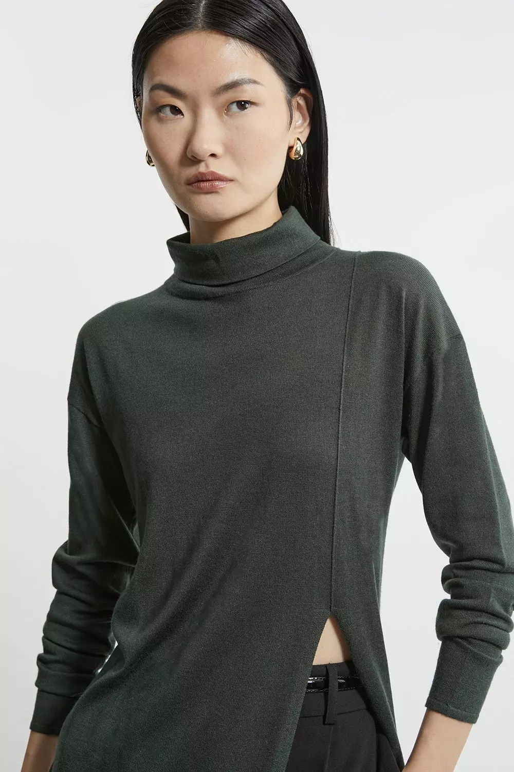 Olive Petite Cashmere Blend Deep Slip Longline Knit Top alternative image