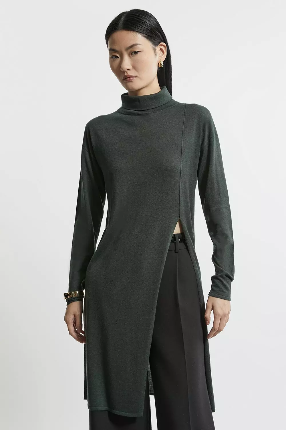 Olive Petite Cashmere Blend Deep Slip Longline Knit Top alternative image
