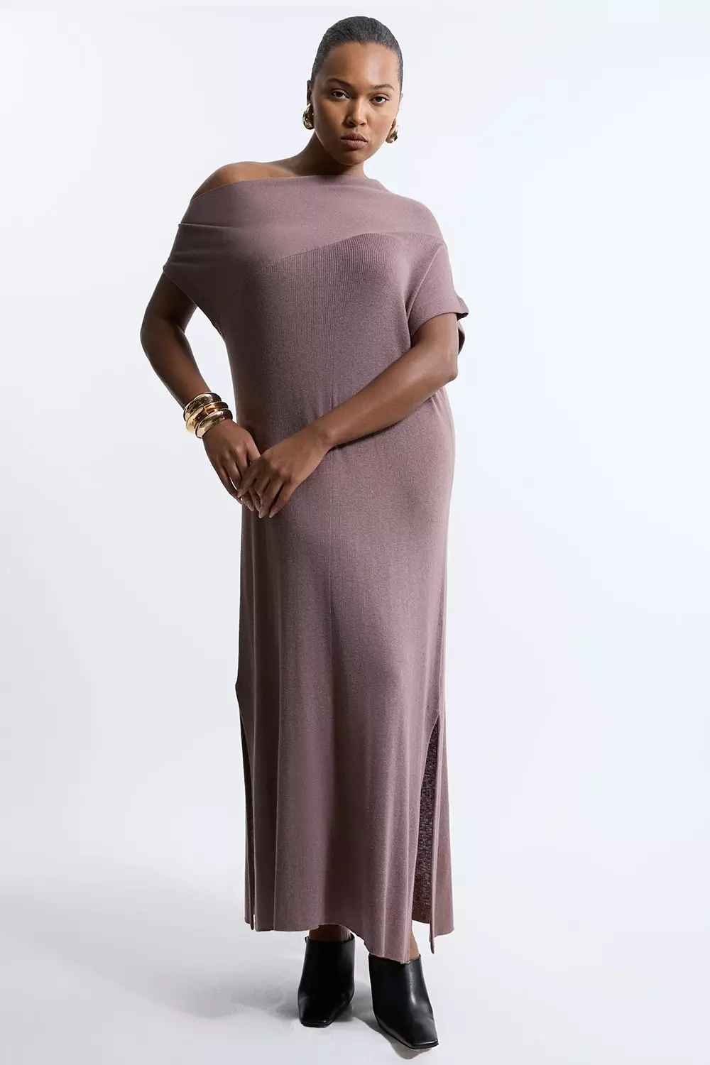 Karen Millen Womens Plus Size Cashmere Blend One Off The Shoulder Midaxi Dress Taupe Size XL