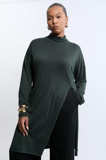 Plus Size Cashmere Blend Deep Slip Longline Knit Top olive