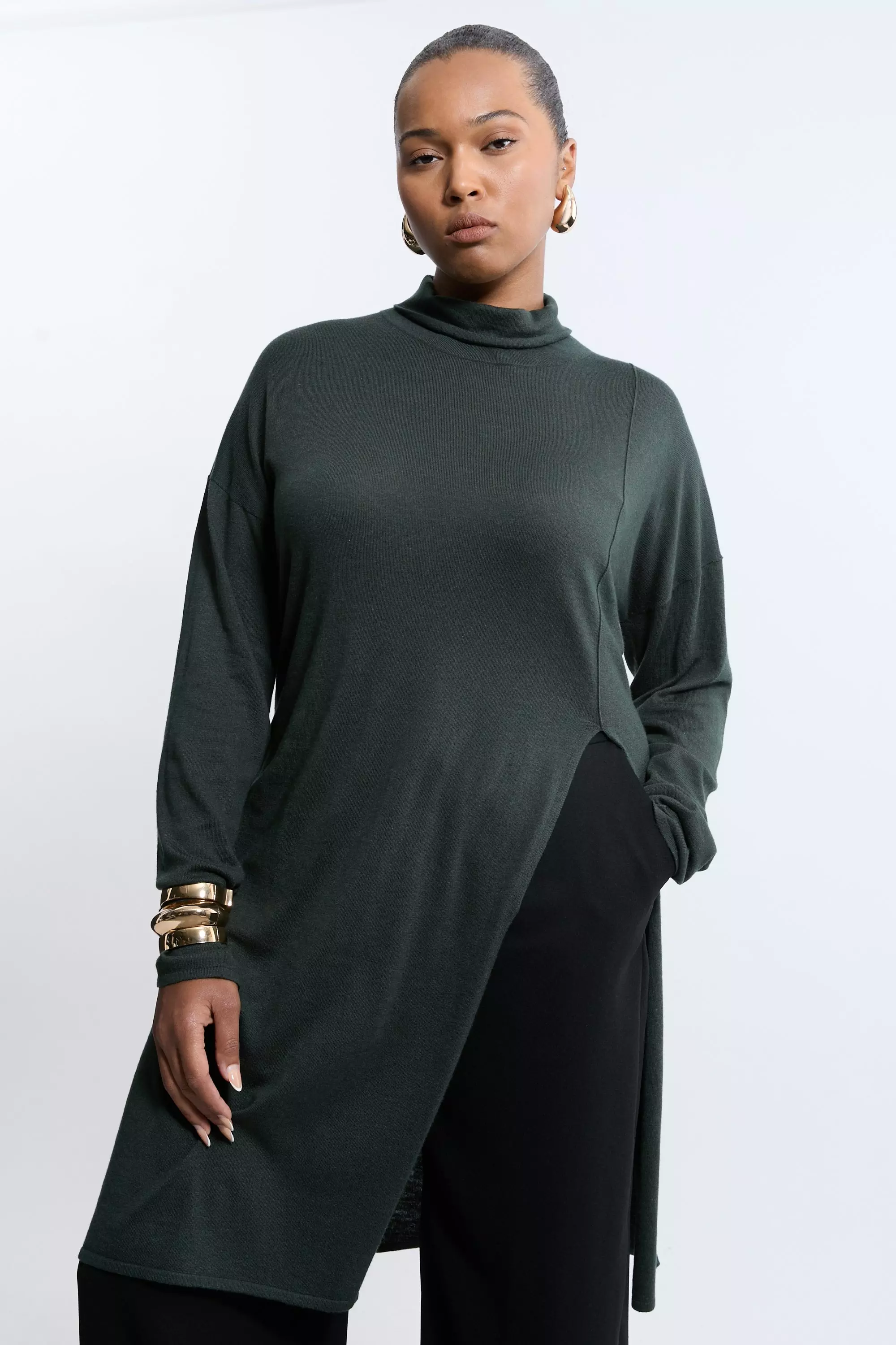Olive Plus Size Cashmere Blend Deep Slip Longline Knit Top alternative image