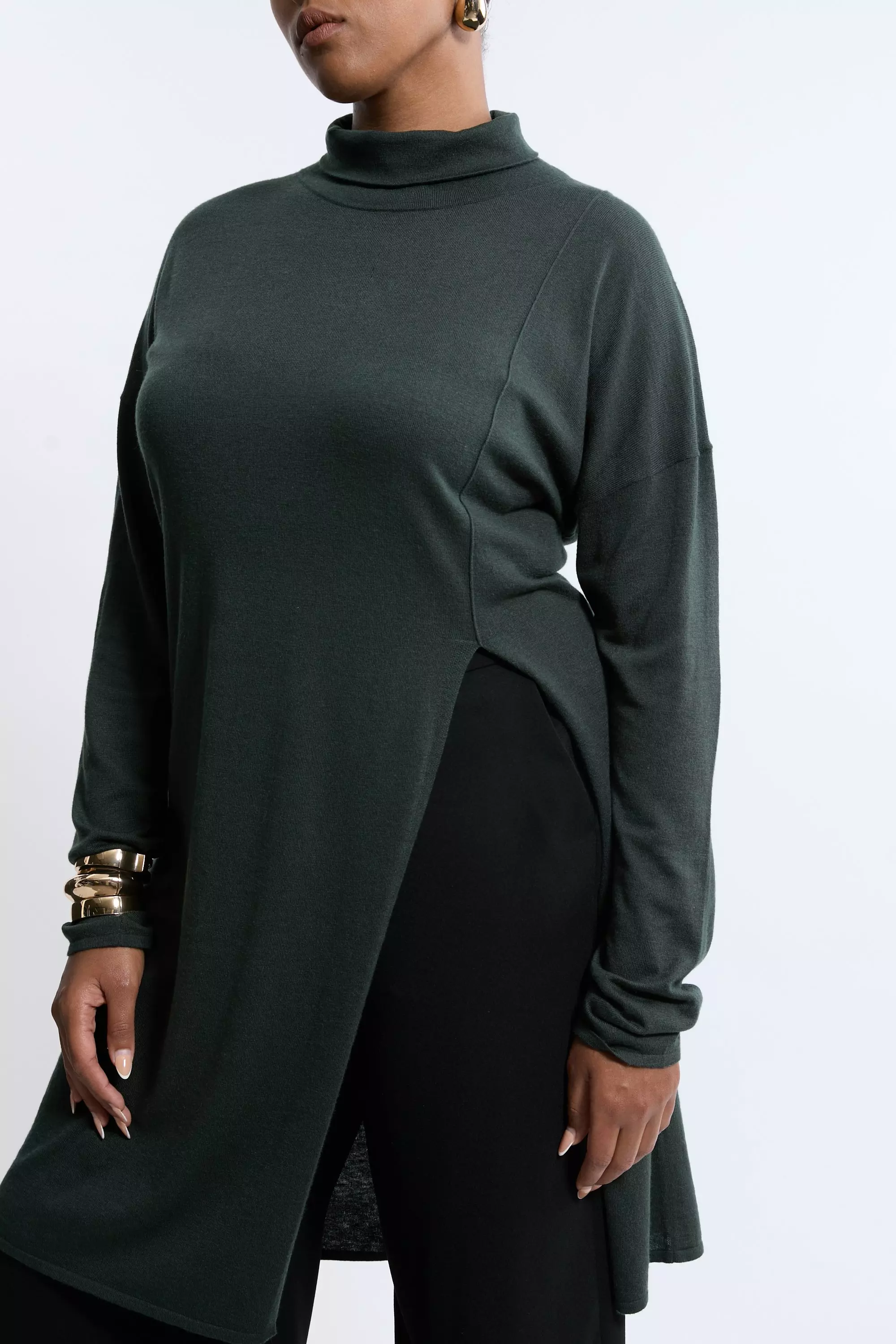 Olive Plus Size Cashmere Blend Deep Slip Longline Knit Top alternative image