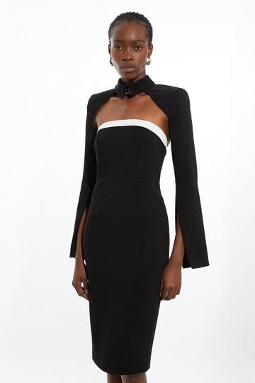 Black The Founder Petite Compact Stretch Viscose Tailored Contrast Detail Bandeau Midi Dress