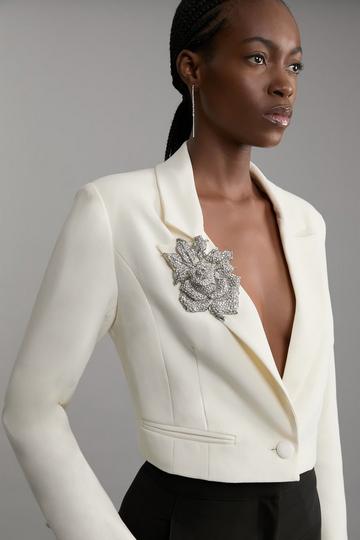 Compact Stretch Crystal Embellished Rosette Cropped Tailored Blazer ivory