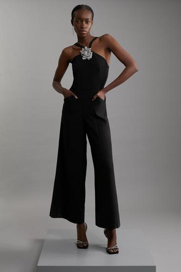 Black Compact Stretch Viscose Crystal Embellished Rosette Wide Leg Tailored Jumpsuit