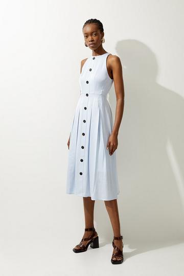 Blue Tall Premium Tailored Linen Button Through Full Skirted Maxi Dress