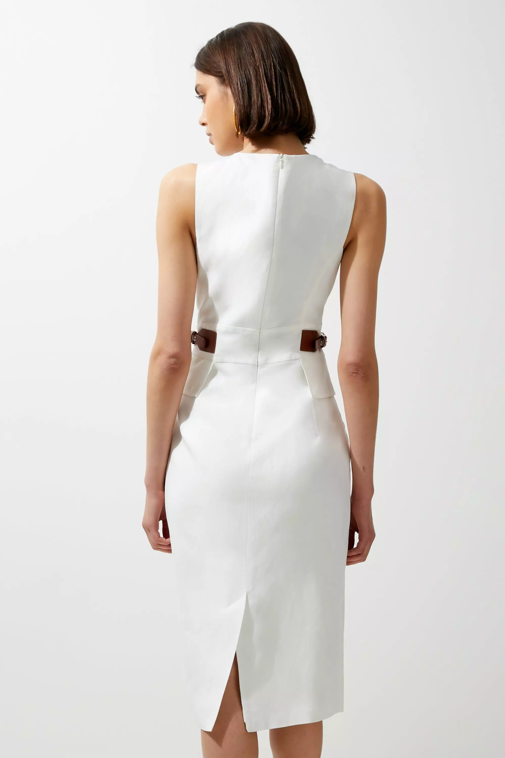 ★Karen Millen★ プレミアムリネンタブウエストペンシルドレス Premium Tailored Linen Tab Waist Pencil Midi Dress | Karen