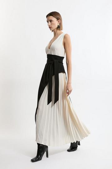 Petite Fluid Tailored Color Block Side Pleated Midi Dress coco