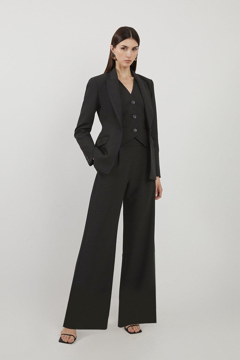 Black Petite Clean Tailored Grosgrain Tipped Wide Leg Trousers