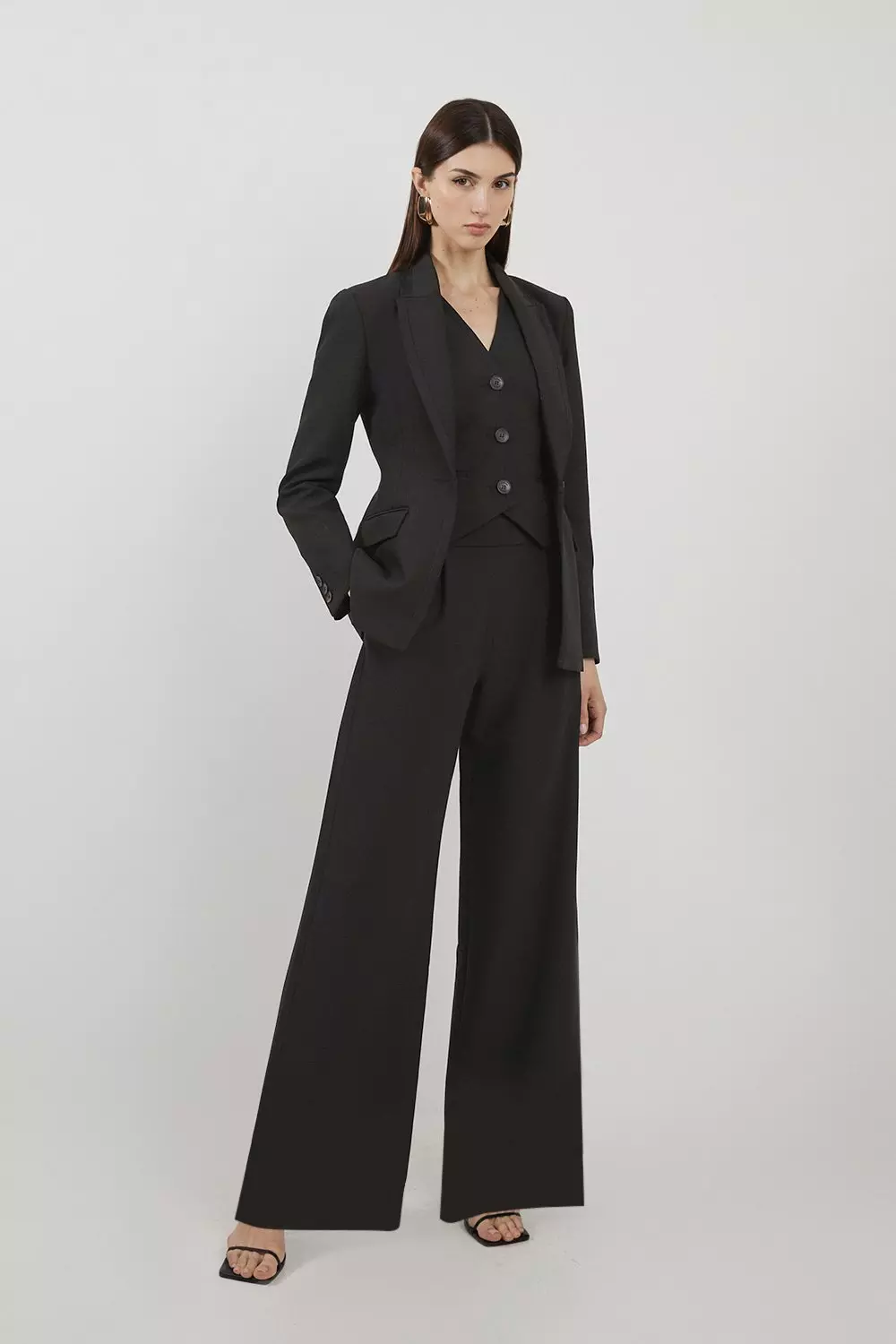 Black Petite Clean Tailored Grosgrain Tipped Wide Leg Trousers alternative image
