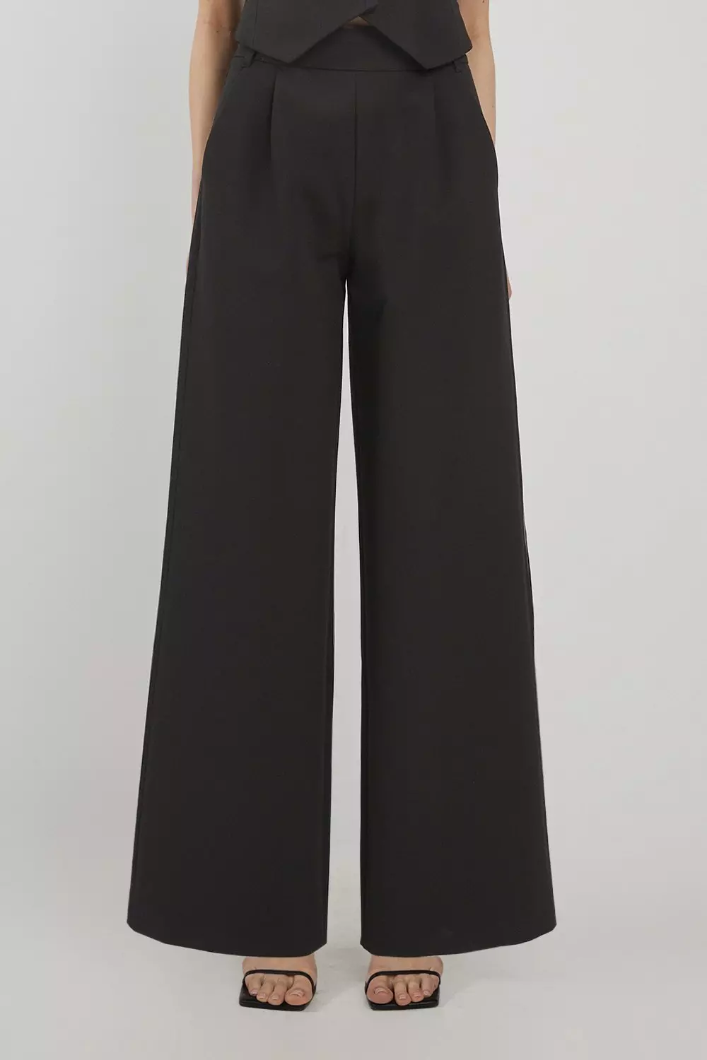 Black Petite Clean Tailored Grosgrain Tipped Wide Leg Trousers alternative image