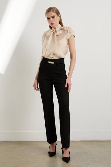 Black The Founder Compact Stretch High Waisted Belted Straight Leg Trousers