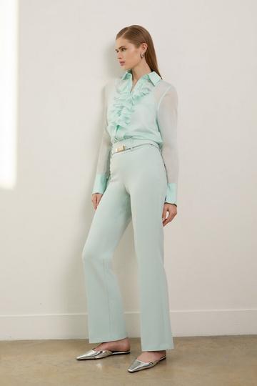 The Founder Compact Stretch High Waisted Belted Straight Leg Trousers sage