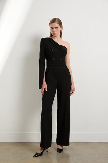 Black The Founder Petite Compact Stretch One Shoulder Tailored Jumpsuit