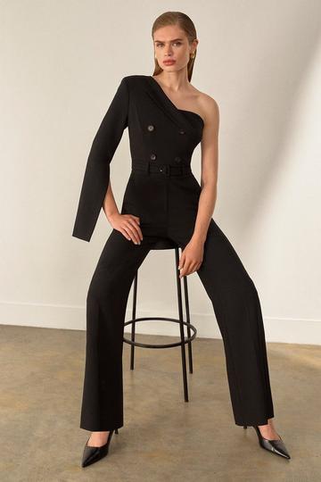 Black The Founder Compact Stretch One Shoulder Tailored Jumpsuit