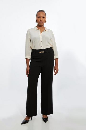 The Founder Plus Size Compact Stretch High Waisted Belted Straight Leg Trousers black