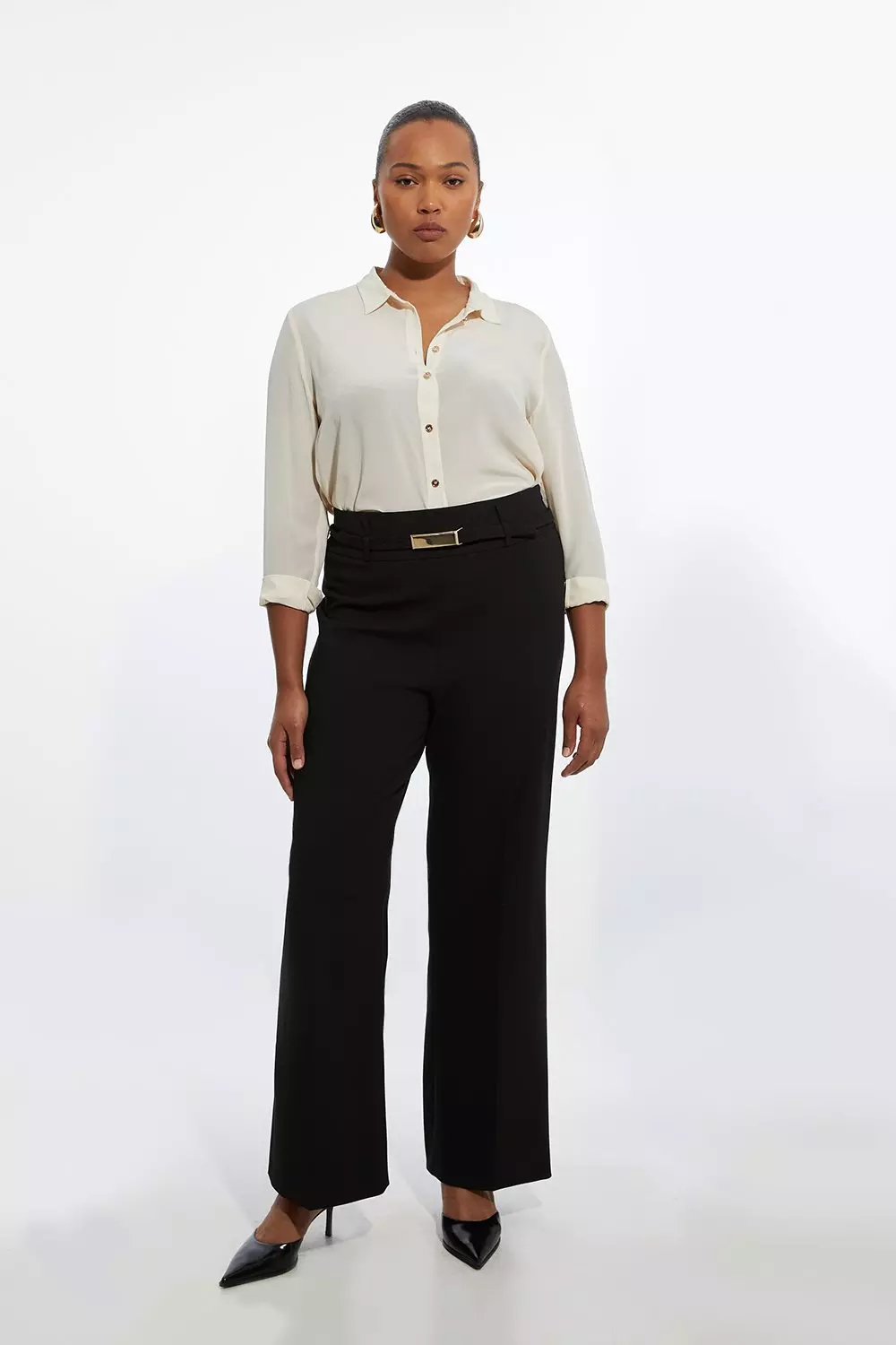 The Founder Plus Size Compact Stretch High Waisted Belted Straight Leg Trousers Karen Millen