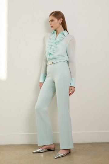 The Founder Petite Compact Stretch High Waisted Belted Straight Leg Trousers sage