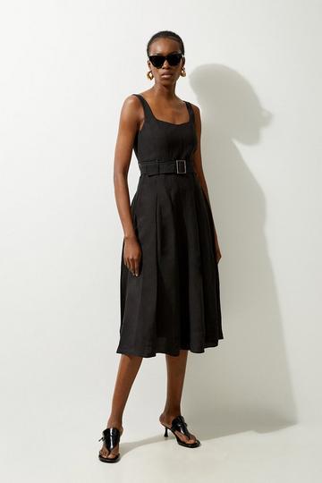 Black Tailored Linen Belted Full Skirt Midi Dress