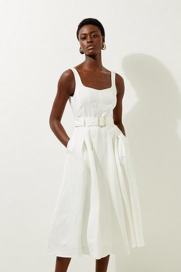 Tailored Linen Belted Full Skirt Midi Dress ivory