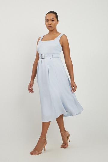 Blue Plus Size Premium Tailored Linen Belted Full Skirt Midi Dress